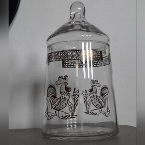 Vintage Clear Glass Apothecary Lidded Jar with Rooster